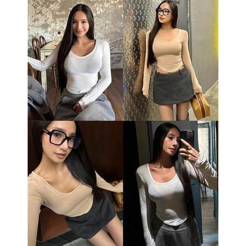 丸丸Maruco 日本进口超细纤维！裸感垂坠性感大U领打底衫T恤上衣