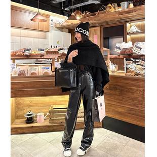 长裤 环保皮高腰显瘦直筒油蜡皮环保皮皮裤 修饰腿型 丸丸Maruco