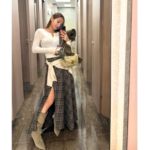 抗皱耐磨易打理 立体剪裁半身裙秋冬格子显瘦心机开衩裙性感