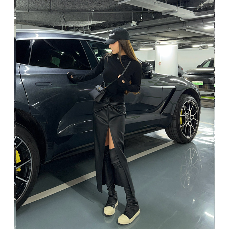 丸丸maruco立体剪裁高腰性感开衩显瘦褶皱扭结设计皮裙半身长裙