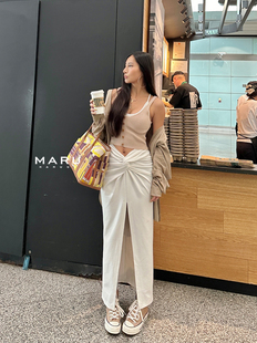丸丸Maruco腰部褶皱半身裙开衩裙舒适透气显高显瘦长裙