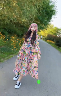 花儿朵朵南韩纱连衣裙女士夏季长袖V领宽松中长款洋气休闲长裙潮