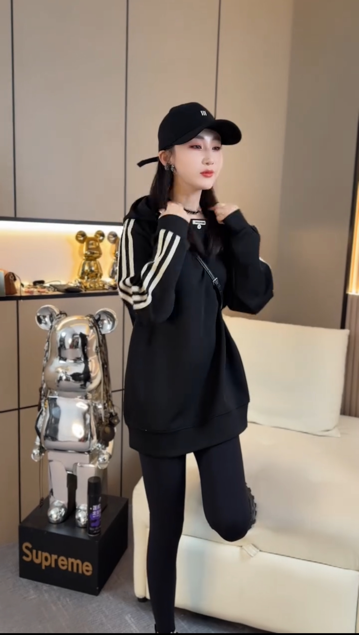韩版连帽中长款卫衣女2025新款春秋款三条杠网红同款时尚减龄上衣