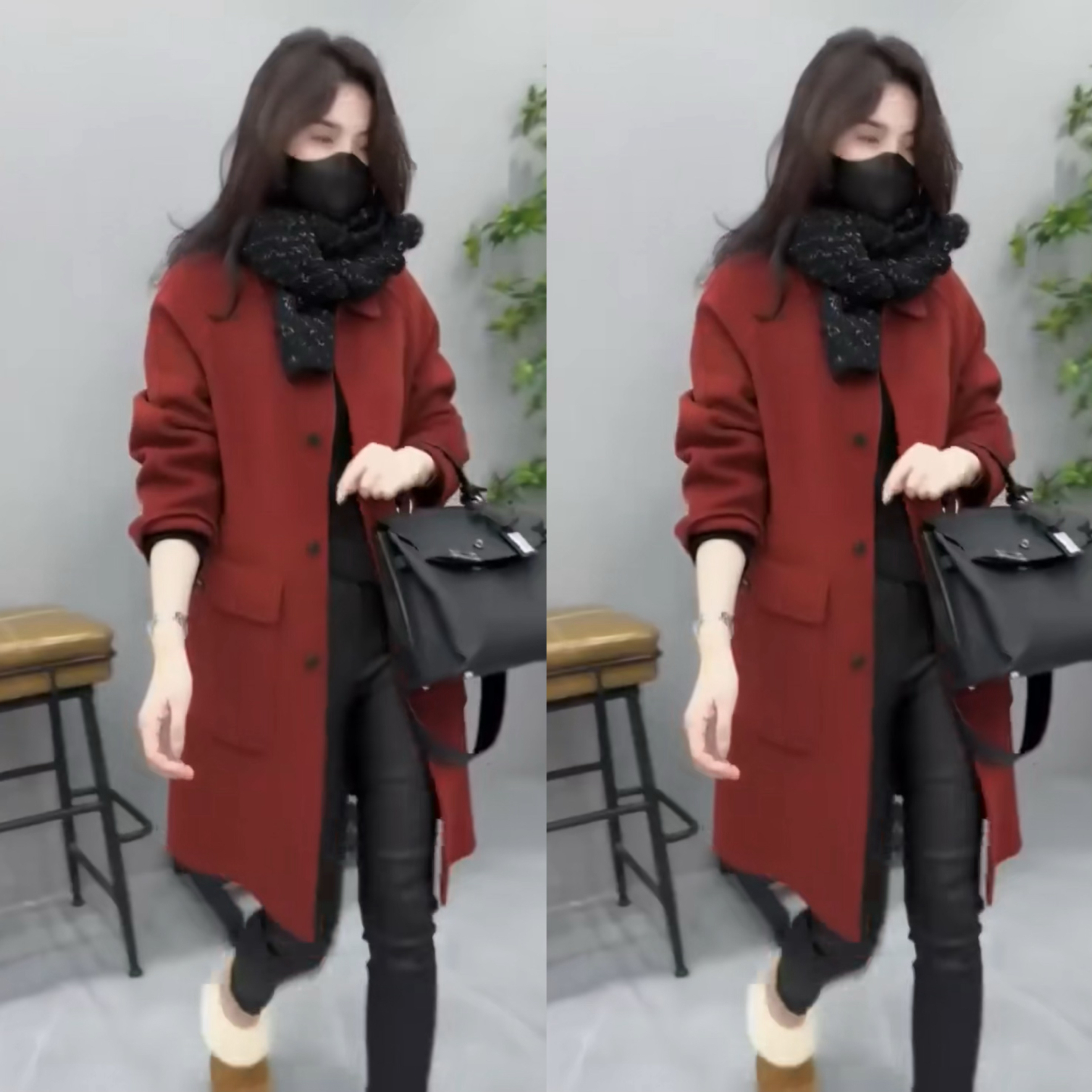 韩版小个子高级感超好看中长款大衣气质红色毛呢外套女春秋季潮