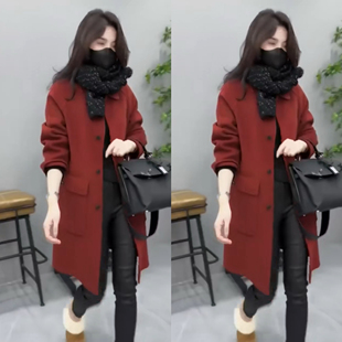 韩版小个子高级感超好看中长款大衣气质红色毛呢外套女春秋季潮