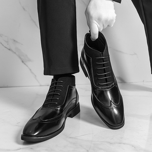 布洛克商务正装皮鞋男款休闲内增高切尔西英伦韩版尖头高帮马丁靴