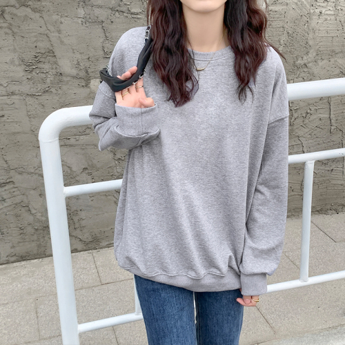 Real price gray round neck long sleeve sweater women's autumn 2021 new lazy style loose thin clothes fashion