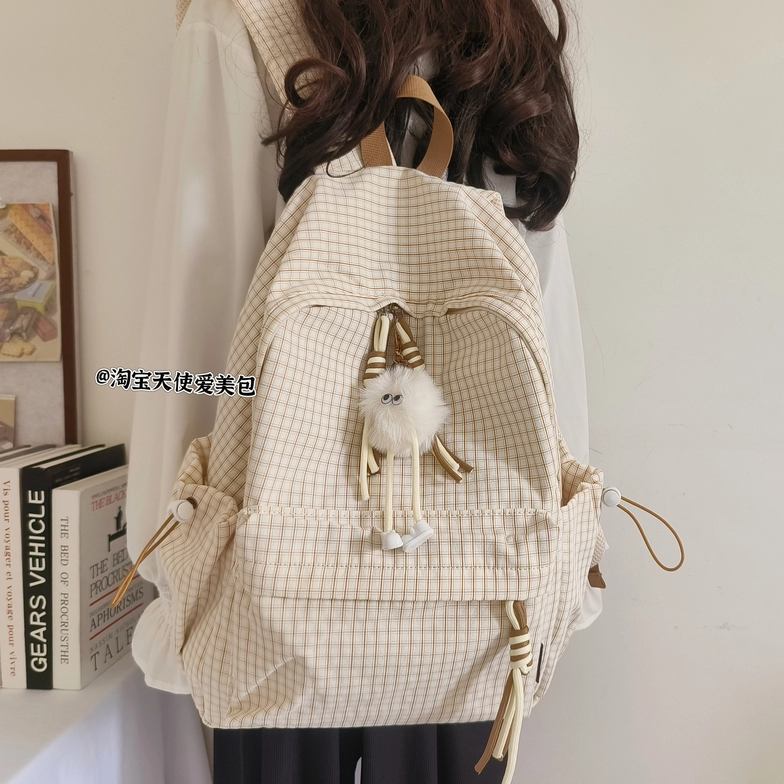 书包女ins风格子森系双肩包中大学生小众设计感百搭通勤出游背包
