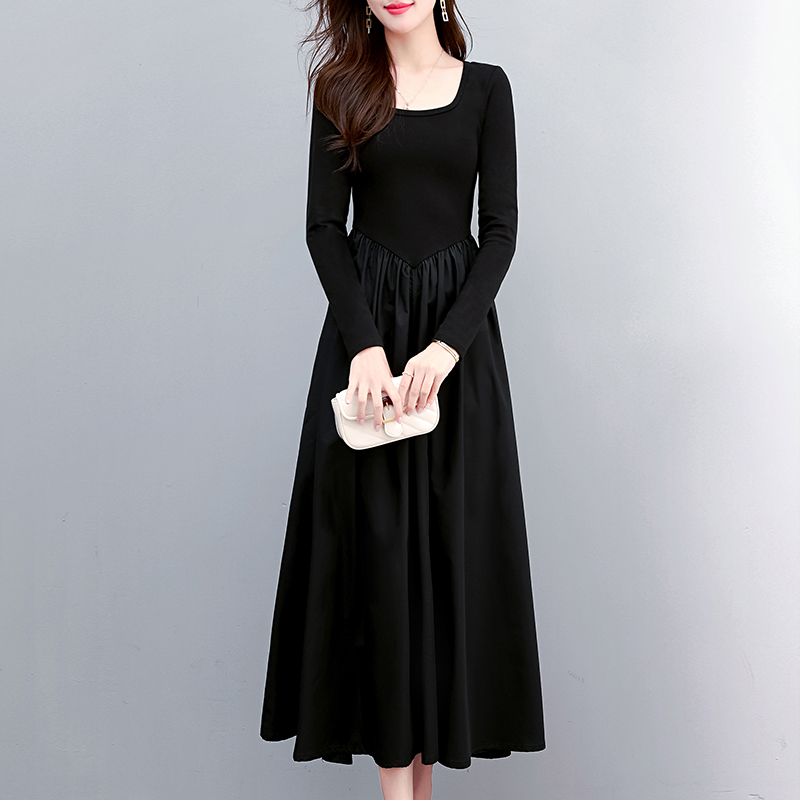 黑色方领连衣裙法式复古显瘦长裙