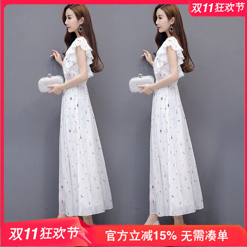 碎花雪纺连衣裙长款修身2026新款复古蕾丝裙子女夏白色超仙女长裙