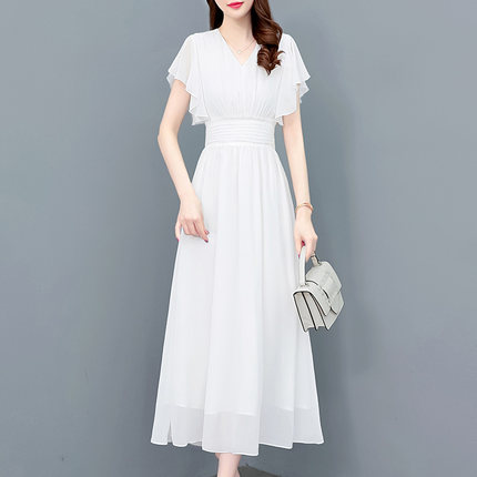 雪纺连衣裙女夏2024新款温柔风荷叶袖显瘦白色长裙气质女神范裙子