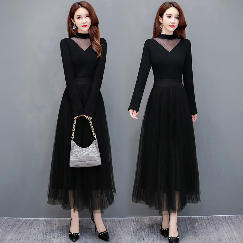 半高领蕾丝网纱长款针织连衣裙