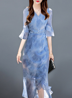 小清新雪纺沙滩裙2026新款女荷叶边蓝色仙女裙长裙海边度假连衣裙