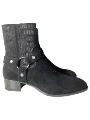 Zhuoma Dark Style Chelsea Boots for Men, Suede Embossed Leather Crocodile Pattern Side Zipper Pointed Toe Short Boots, Fashion Trend