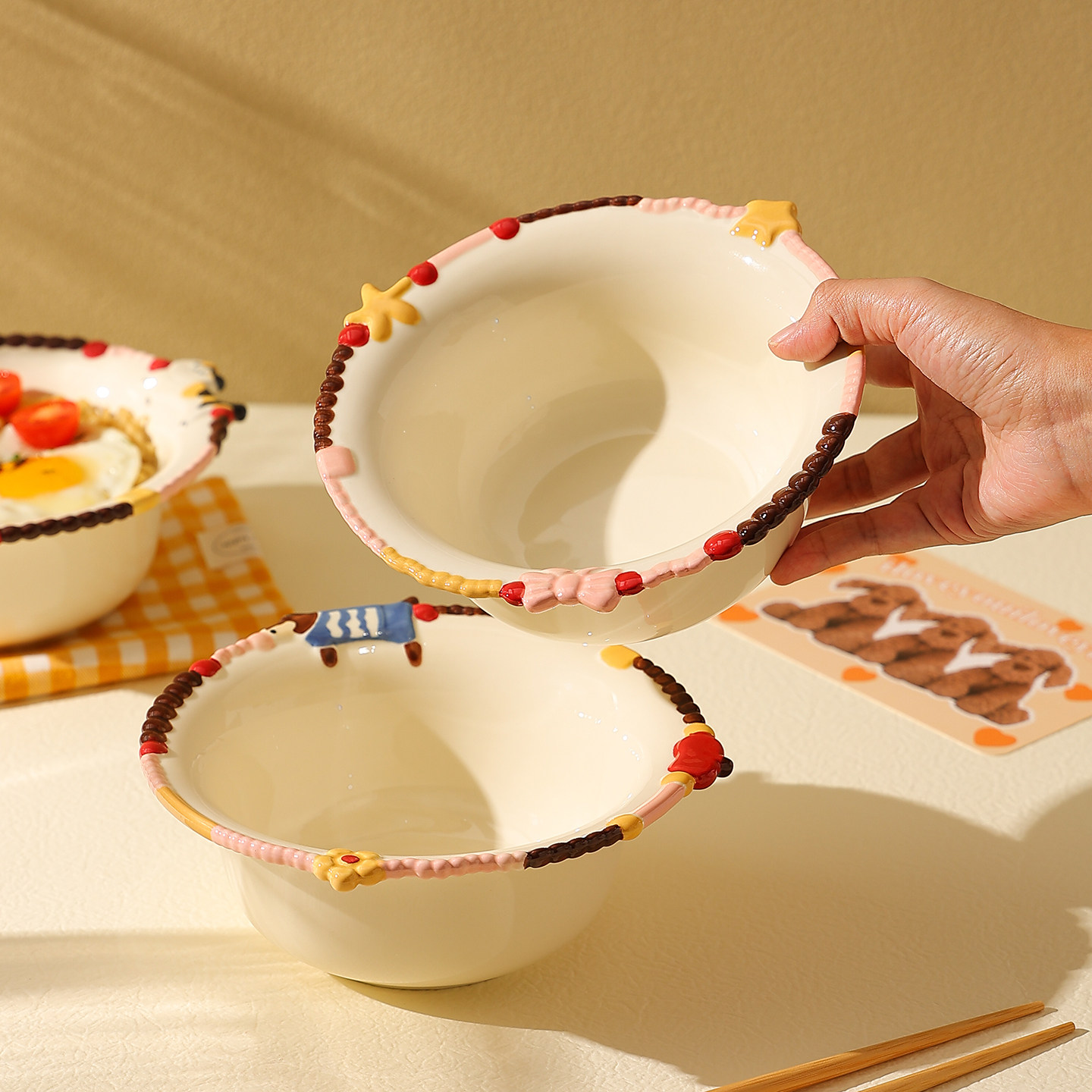 釉下彩陶瓷饭碗家用漂亮的水果碗高颜值浮雕汤碗创意泡面碗拉面碗,餐饮具,碗,淘宝优惠券,粉丝福利购,淘宝优惠卷