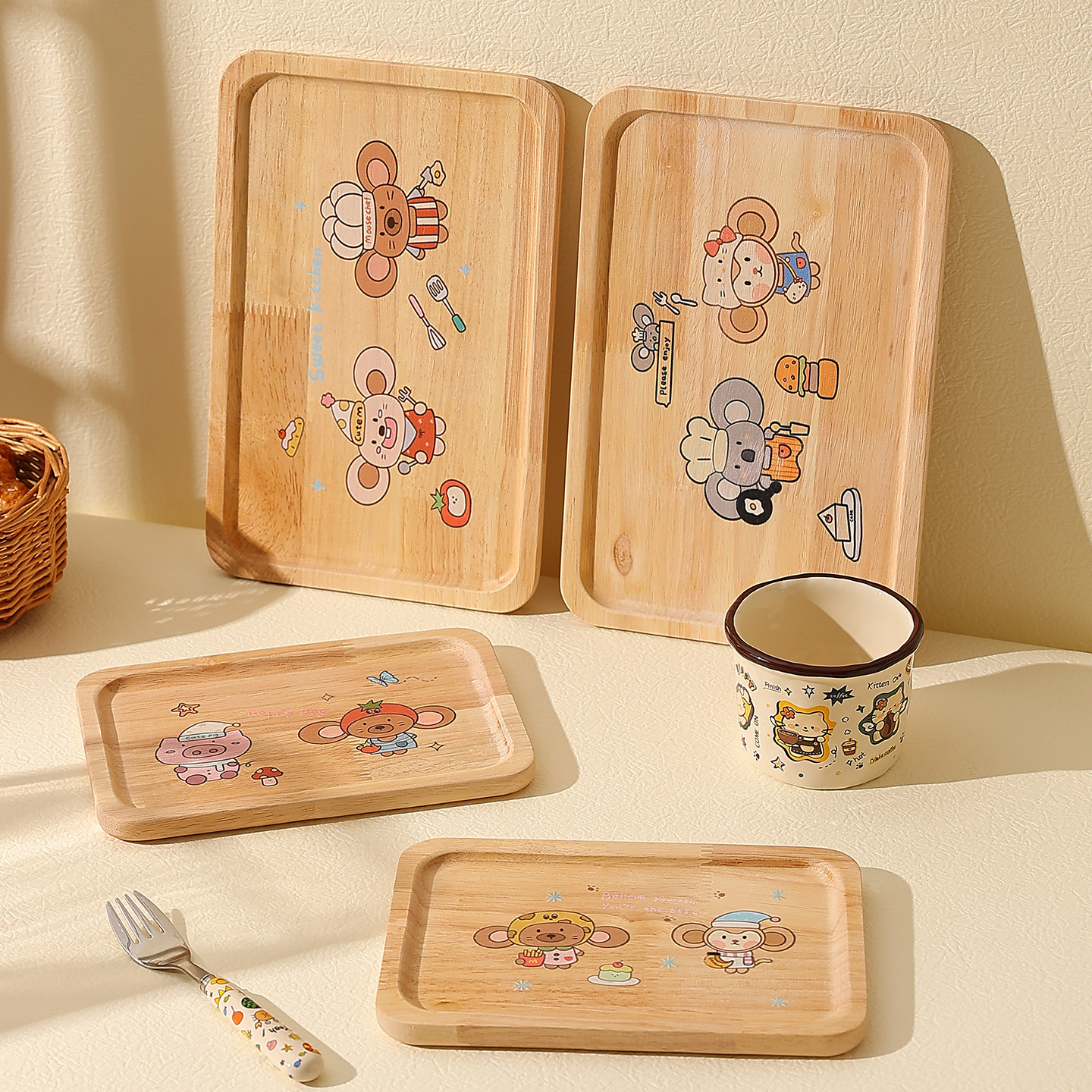 甜欧尼茶水杯餐盘一人食木质卡通面包点心零食托盘高颜值隔热茶盘,餐饮具,餐用托盘,淘宝优惠券,粉丝福利购,淘宝优惠卷