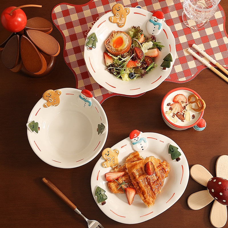 可爱浮雕圣诞雪人陶瓷盘子家用好看米饭碗女士高颜值马克杯咖啡杯,餐饮具,盘,淘宝优惠券,粉丝福利购,淘宝优惠卷