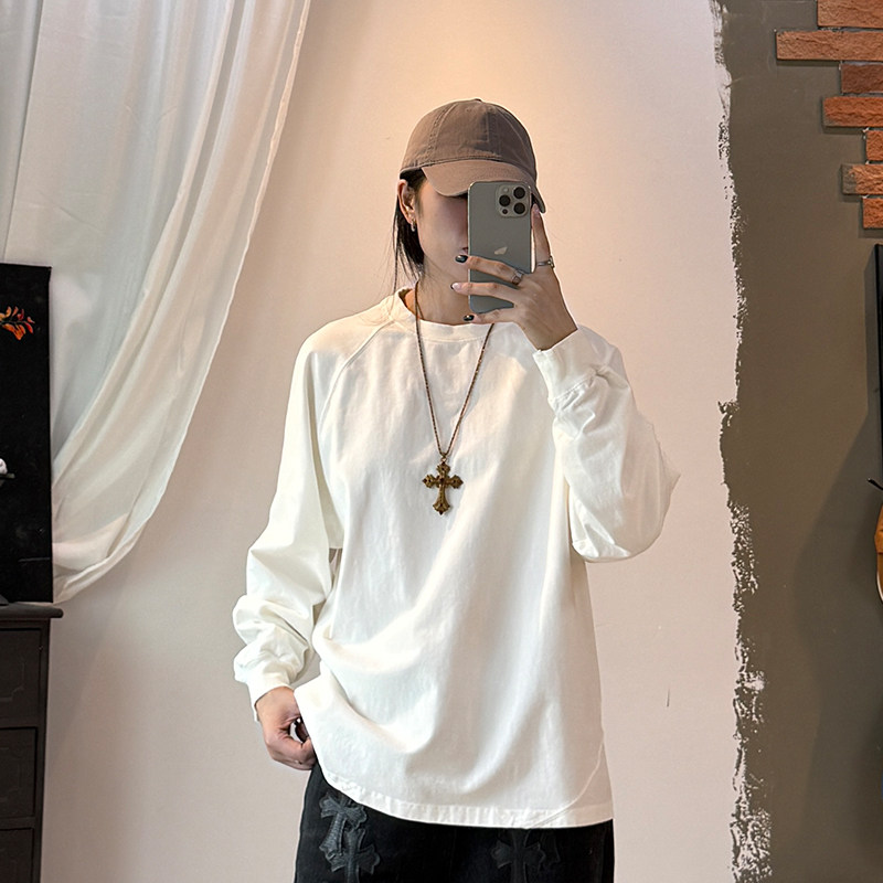 重磅330G纯棉白色插肩袖ins拼接圆领宽松螺纹韩版长袖T恤纯色秋冬