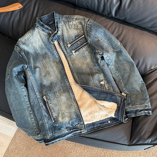 百搭拉链立领帅气加厚加绒修身显瘦男牛仔夹克做旧保暖机车风外套