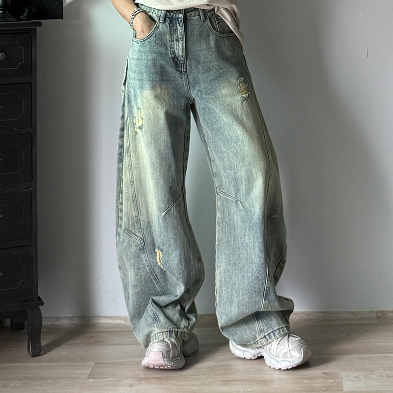 美式潮牌磨破弯刀牛仔裤