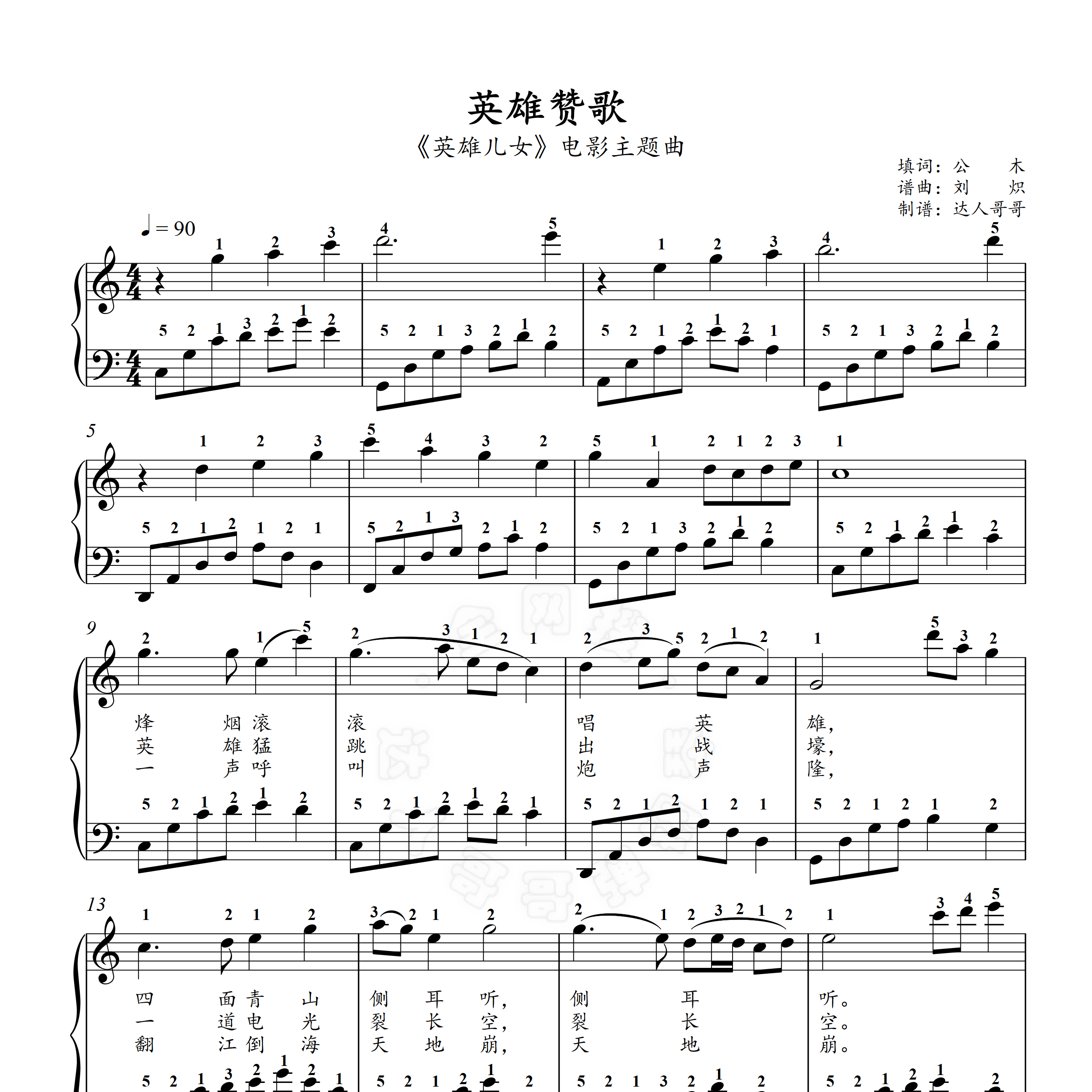 英雄赞歌钢琴谱 带指法 合唱/伴奏/独奏 2页免翻原版 简谱/五线谱