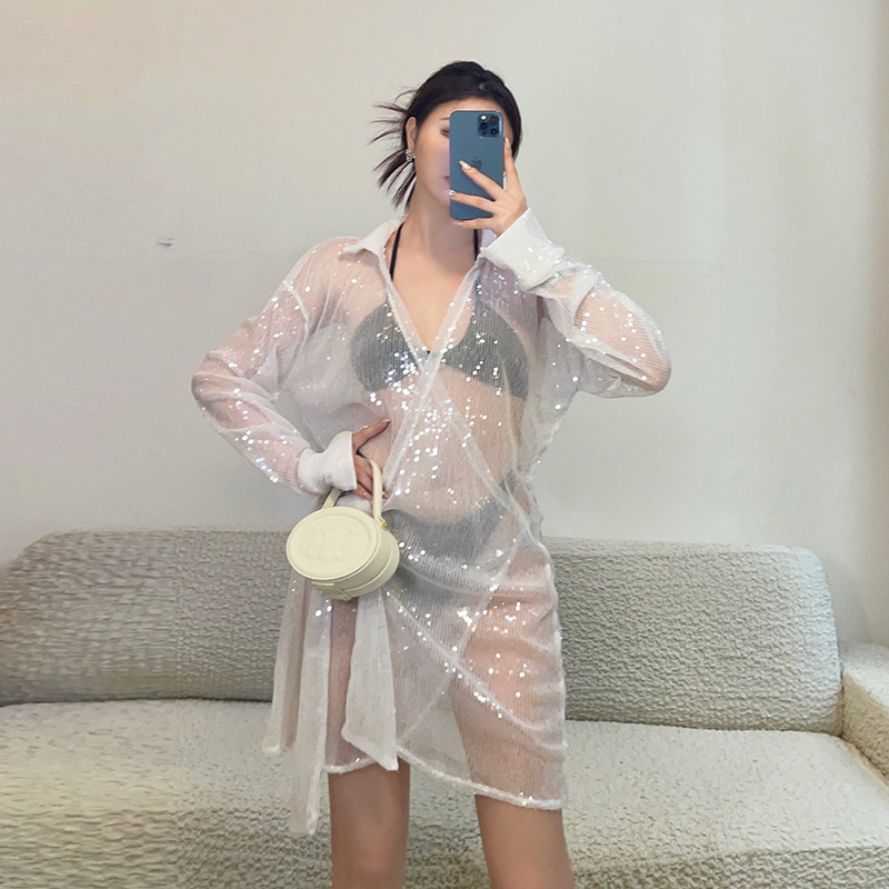 守衣奴2023秋季新款裙子时尚纯色刺绣亮片修身性感透视长袖连衣裙