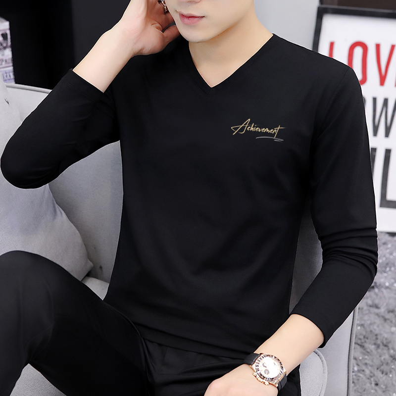 2025新款男士长袖t恤春秋衣v领秋季上衣服打底衫纯棉体恤内搭潮流