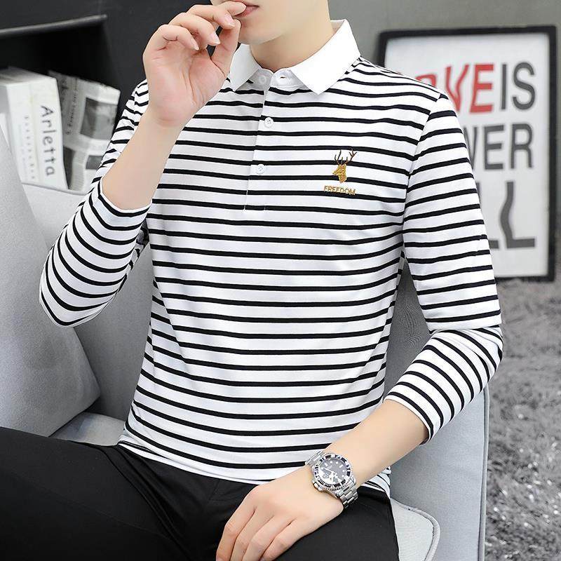 纯棉条纹Polo衫男士长袖T恤带领子帅气潮牌上衣秋装舒适外穿体恤