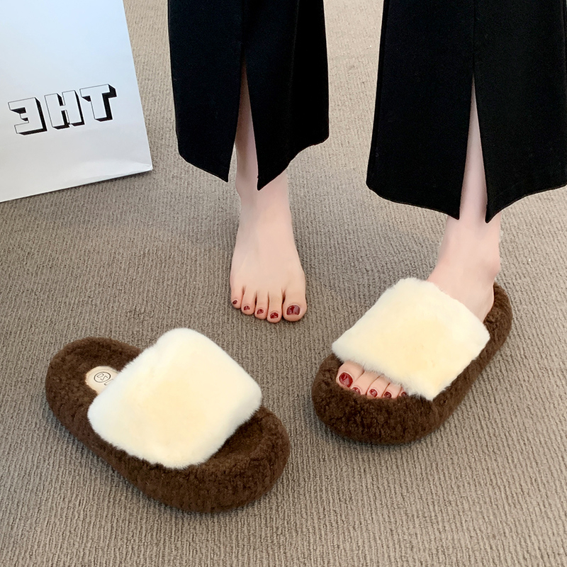 5cm增高小个子厚底毛毛拖鞋女外穿2025秋冬新款毛茸茸保暖棉拖鞋