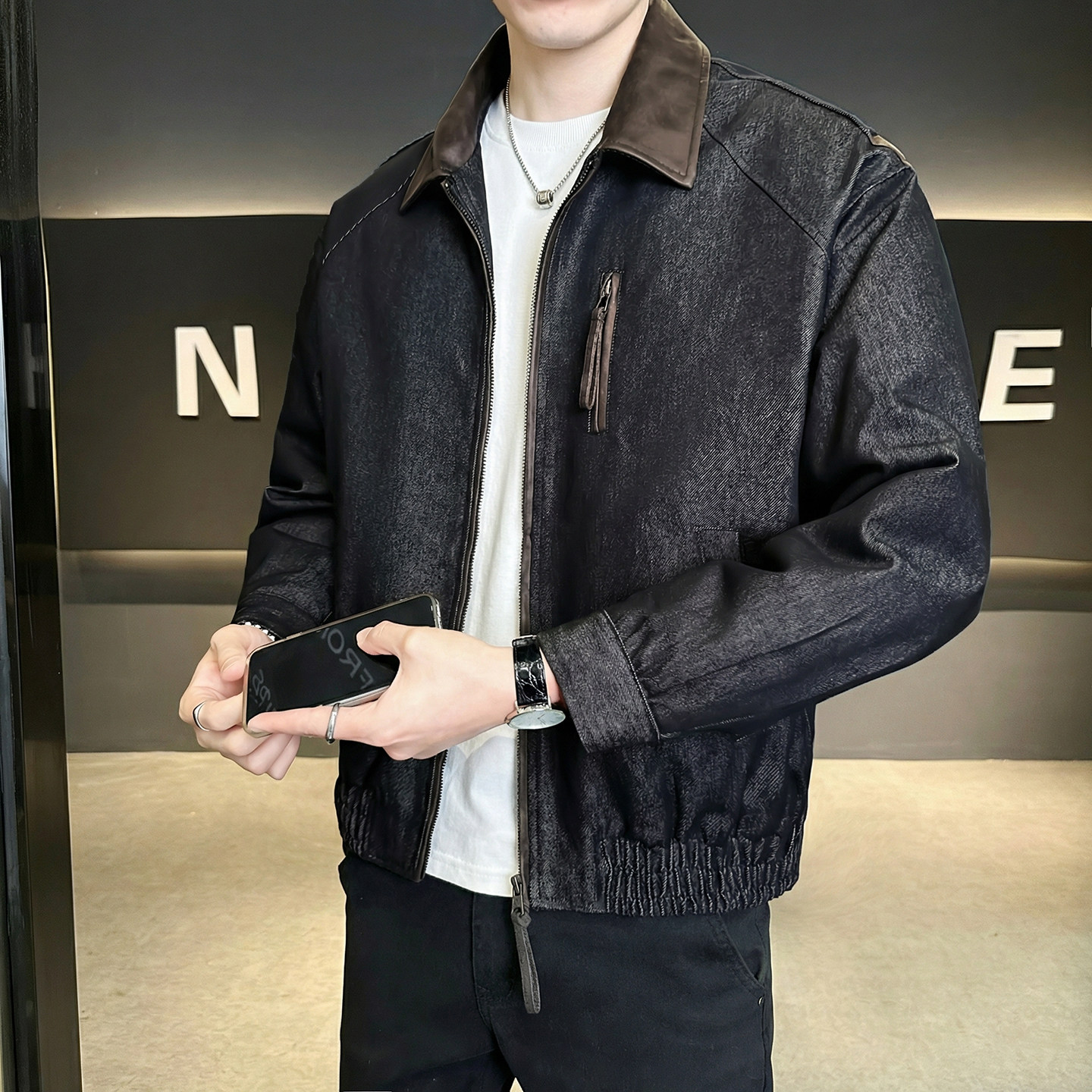 啄木鸟男生春季外套牛仔拼接pu皮翻领夹克丹宁原色短款工装上衣