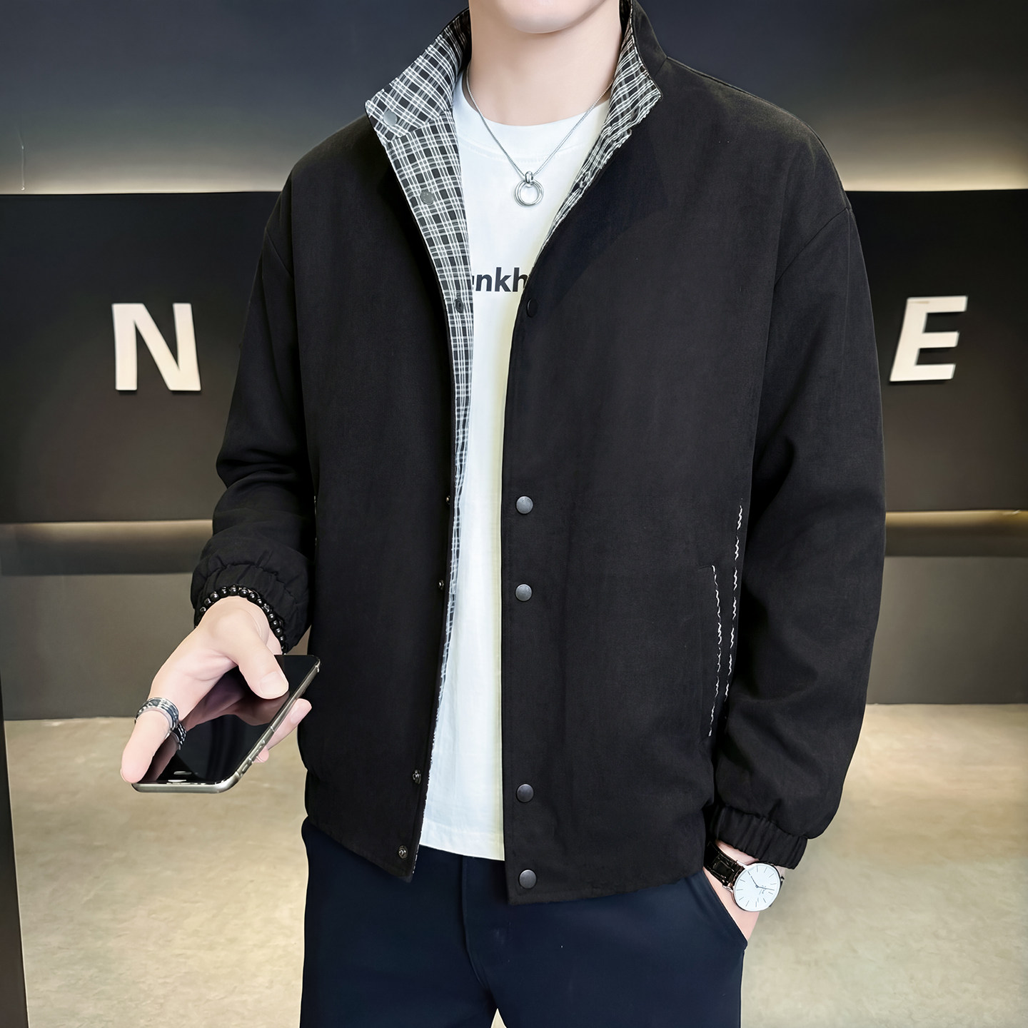 啄木鸟2026春秋装格子男士外套褂子高级感潮牌休闲立领工装夹克男