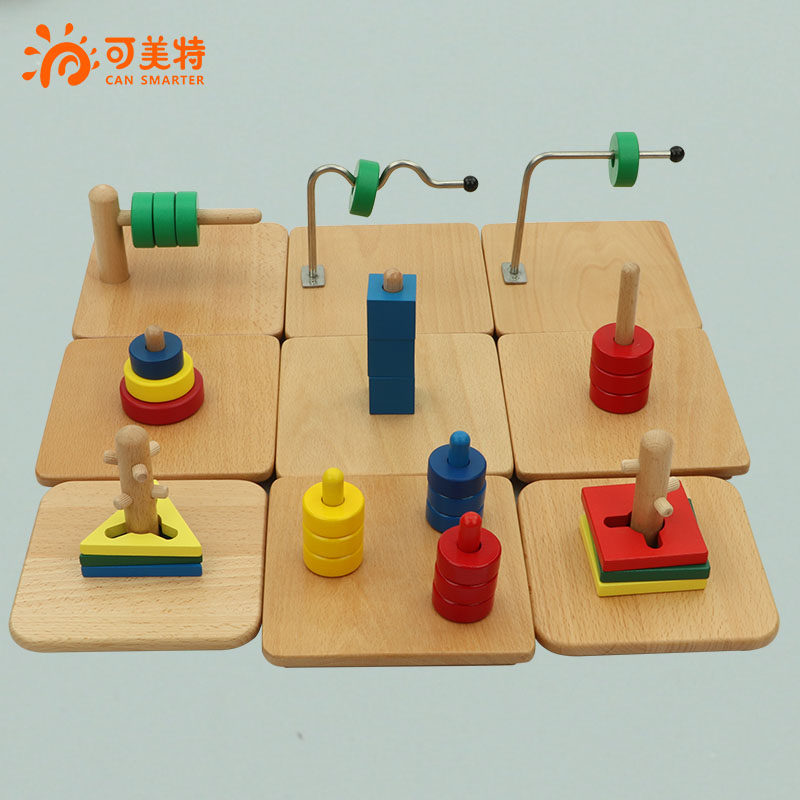 蒙氏教具0岁--23教玩具木1钉上的立448方体圆柱垂直蛇形-平行线套