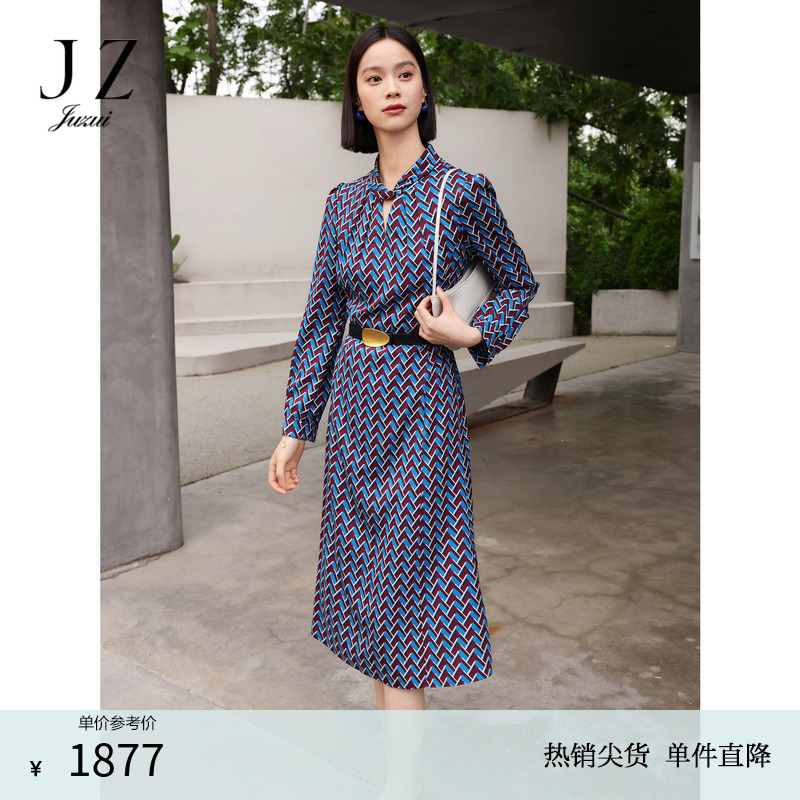 商场同款JZ玖姿桑蚕丝几何花斜纹连衣裙女秋季款JWEQ50030
