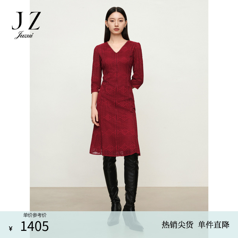 商场同款JZ玖姿轻熟优雅蕾丝收腰连衣裙女秋季款JWEQ50049