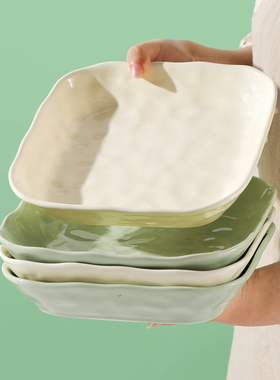 2025年新款奶白奶绿色盘子菜盘家用陶瓷方盘圆盘8英寸大号深汤盘