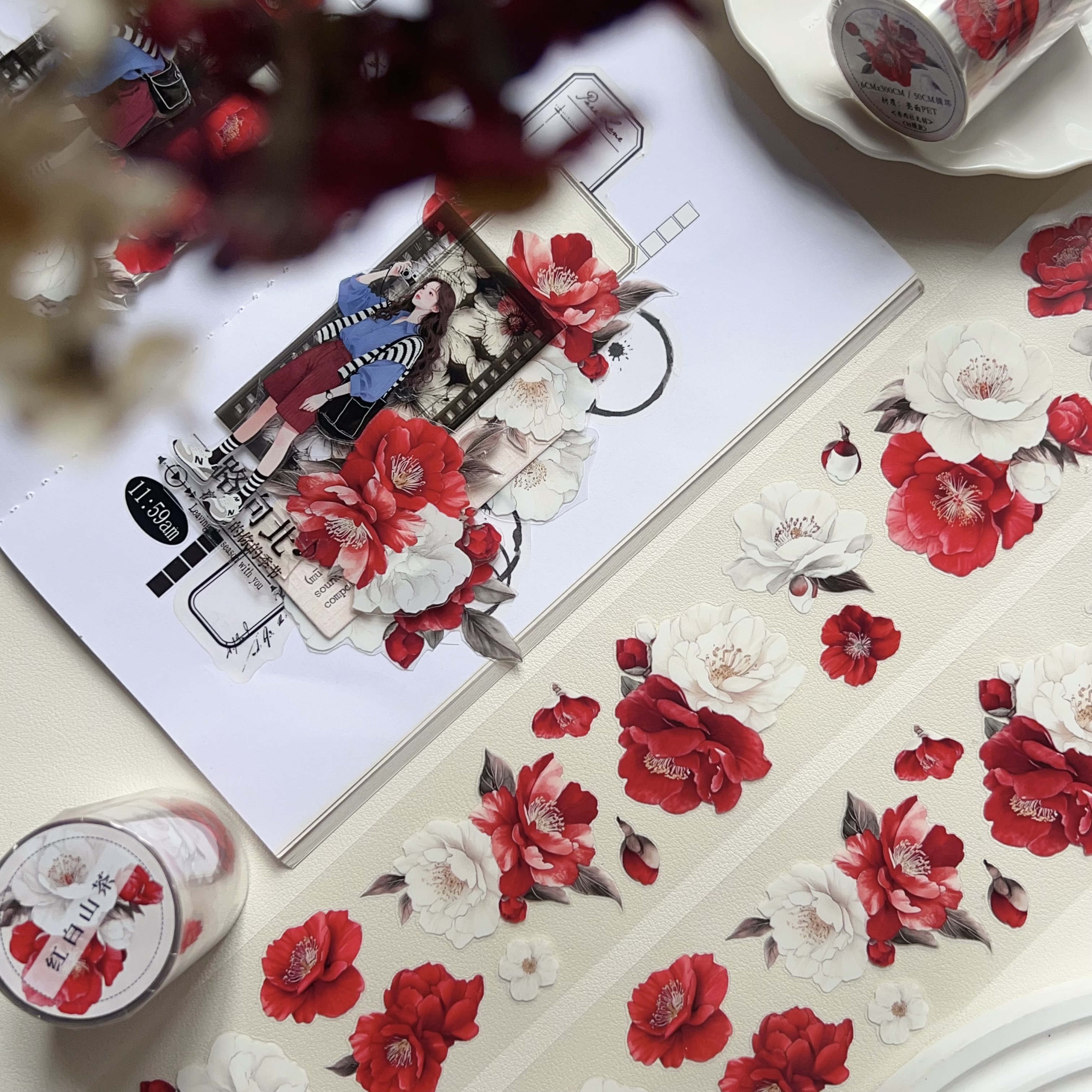 东西社文创〖红白山茶〗PET切模手帐贴纸胶带 轻复古红白色白花朵