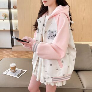 棒球服女大童春季连帽卫衣外套15初中学生12岁少女孩韩版宽松开衫