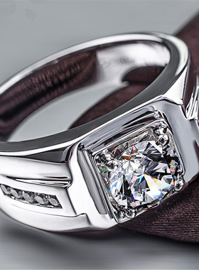 新款男士戒指男 霸气时尚仿真男925镀白金莫桑石指环