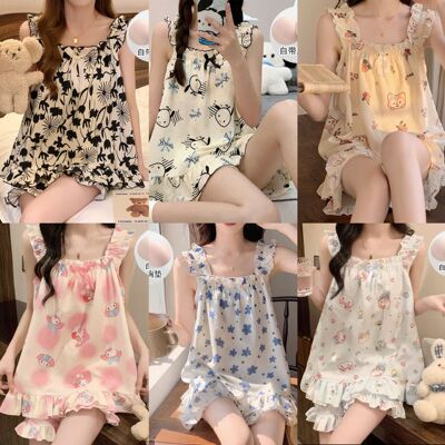 泡泡皱睡衣女夏季自带胸垫泡泡皱免文胸甜美家居服女套装pajamas