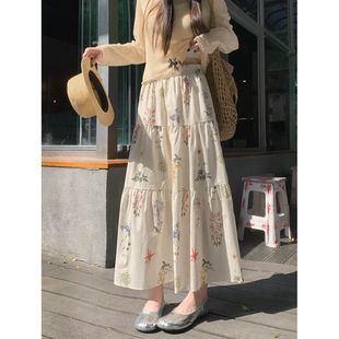 高腰显瘦百搭A字 新款 法式 艺术生碎花半身裙大摆长裙女ins2025冬季
