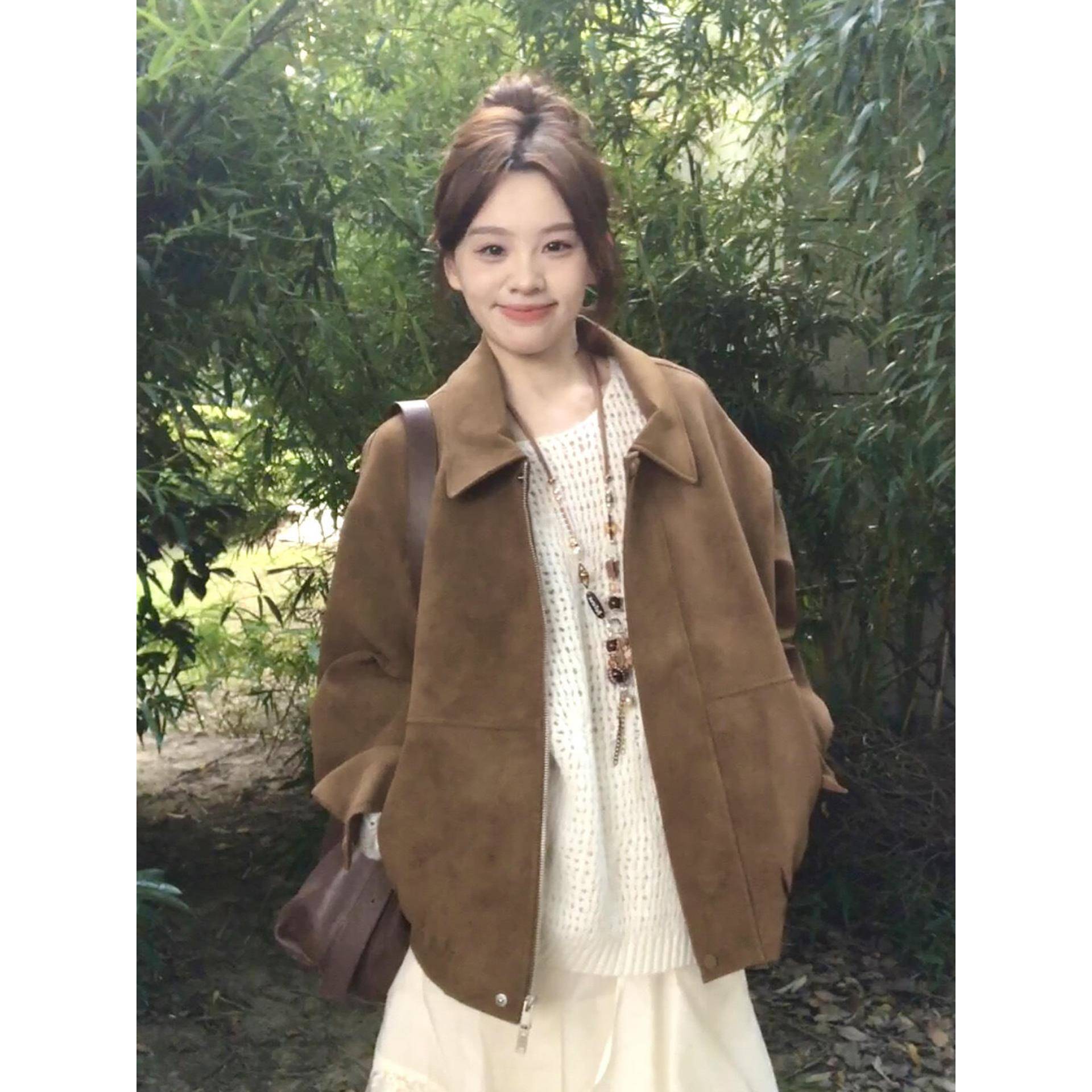 覆古女麂皮夹克2025春秋季新款高端小翻领宽松休闲夹克上衣