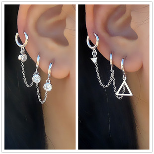 S925纯银设计感原创一体耳环三耳眼三耳洞防丢耳扣连体三钻女耳坠