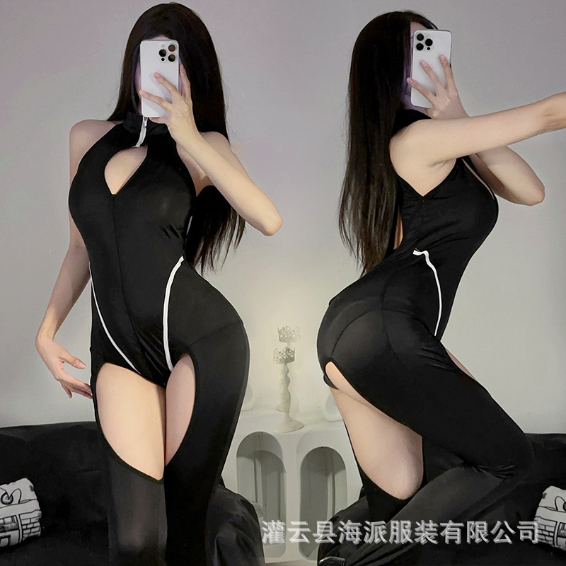 性感夜店主播透视网纱拼接绑带束腰连体泳衣