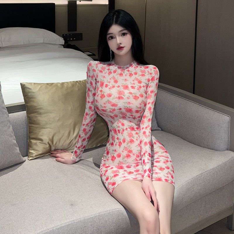 性感显瘦透视复古碎花网纱短裙纯欲风法式紧身辣妹长袖弹力睡裙