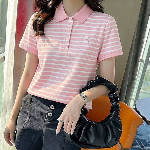 粉色条纹短袖女夏季2026新款修身翻领POLO衫正肩纯棉t恤女装上衣