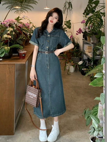 Летнее джинсовое платье, ретро приталенный корсет, длинная юбка, французский стиль