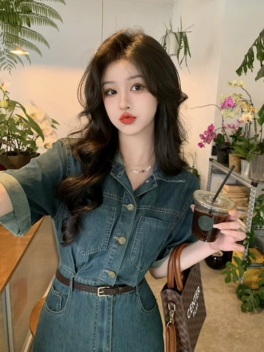 Летнее джинсовое платье, ретро приталенный корсет, длинная юбка, французский стиль