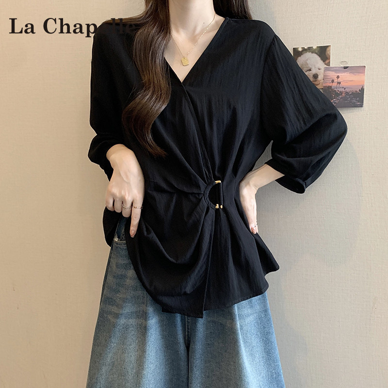 La Chapelle Black V-Neck Long sleeves shirt Women Summer 2025 New arrival Loose Slim Looking Waist Shirt Tops