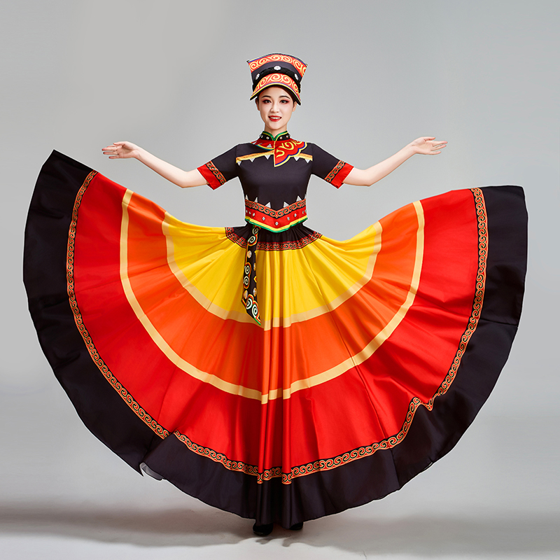 新款彝族服装女七彩民族大摆裙彝族火把节舞蹈服彝族舞蹈表演服装