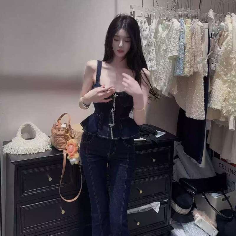 原创小众修身显瘦吊带气质牛仔套装